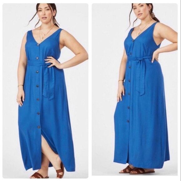 NEW JustFab Plus Size Button Front Maxi Dress Blue Coastal Boho Cottage Chic - Picture 2 of 11
